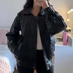 Vintage Genuine Leather Bomber Jacket Black Patchwork Design Size S